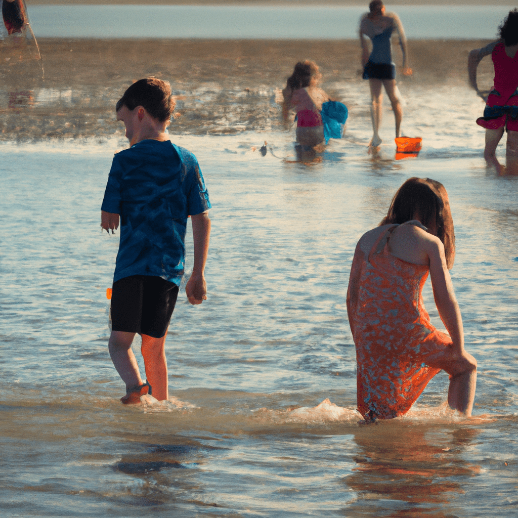 A photo of children playing in shallow water at a low tide beach.. Sigma 85 mm f/1.4. No text.