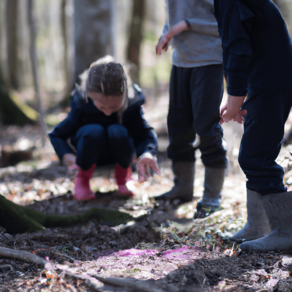 A photo of children examining animal footprints in the forest, demonstrating their curiosity and love for nature.. Sigma 85 mm f/1.4. No text.