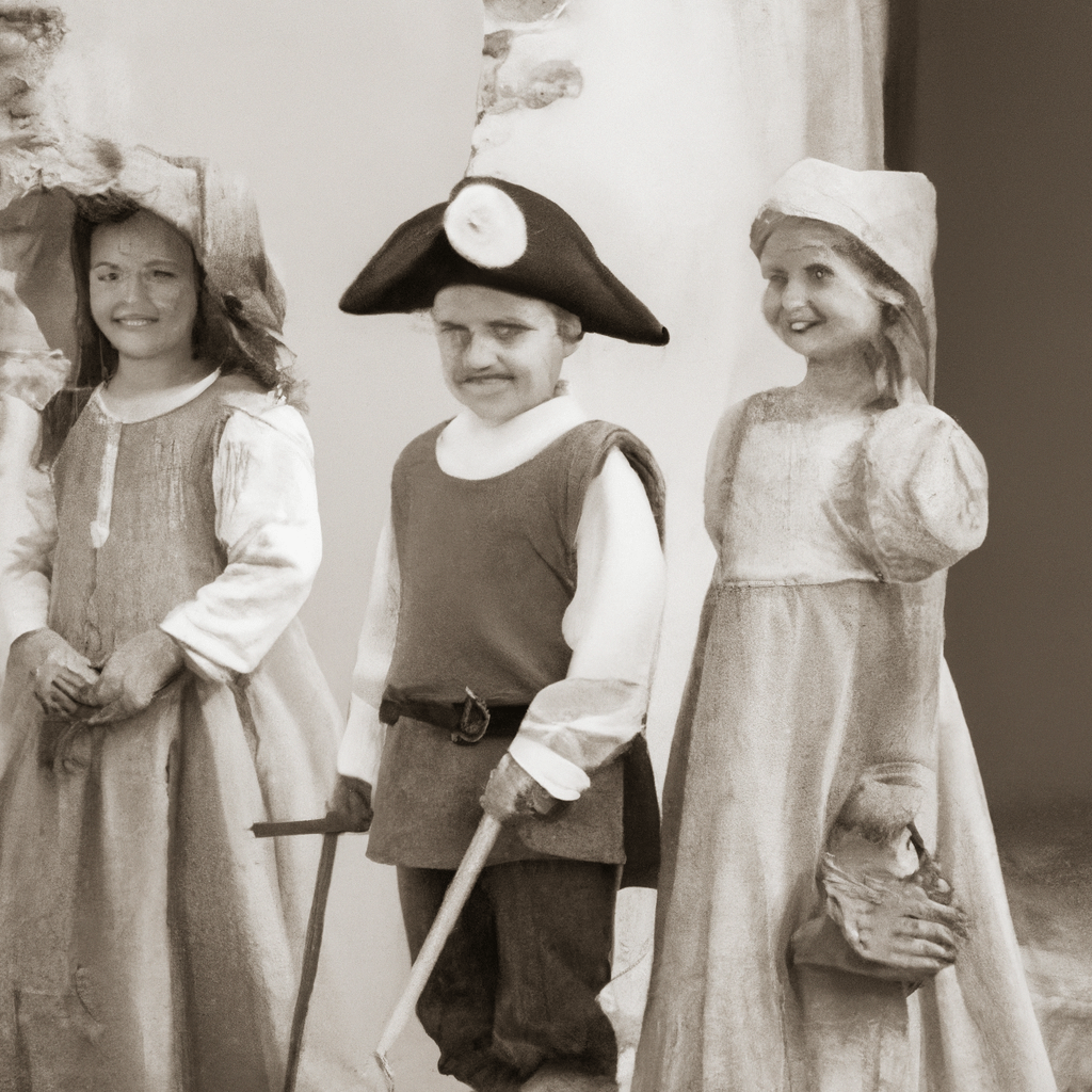A photo of children dressed in historical costumes, participating in interactive activities at a castle exhibit.. Sigma 85 mm f/1.4. No text.