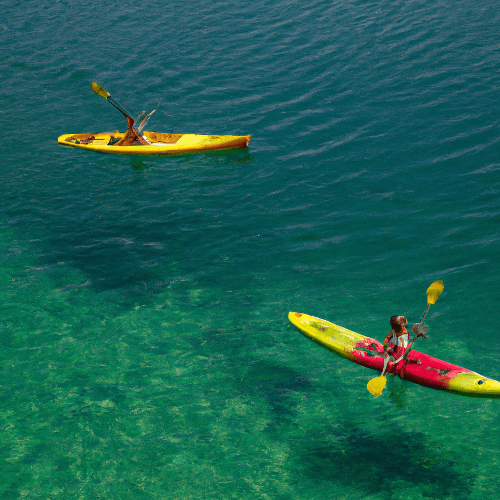 4 - A photo of children riding colorful kayaks and paddleboards in crystal clear water. Canon 50 mm f/1.8. No text.. Sigma 85 mm f/1.4. No text.