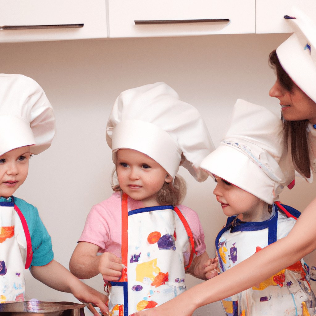 2 - [A photo of children practicing kitchen safety, wearing aprons and chef hats, with their parent guiding them.]. Nikon 50 mm f/1.8. No text.. Sigma 85 mm f/1.4. No text.