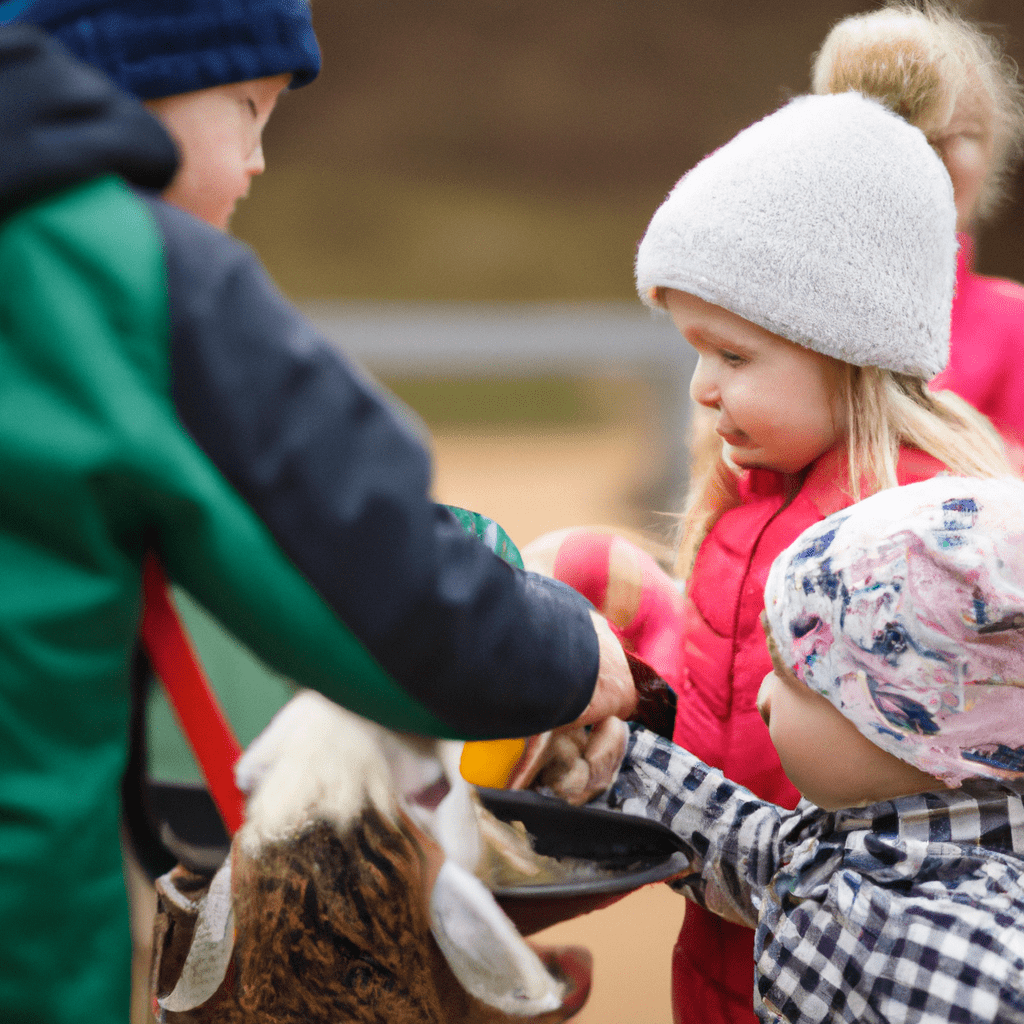A photo of children feeding animals at a farm, learning about nature and environmental conservation.. Sigma 85 mm f/1.4. No text.