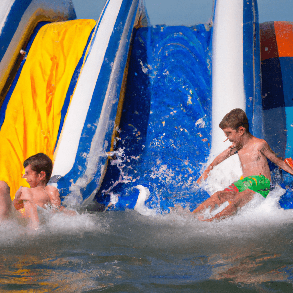 A photo of children enjoying water slides and trampolines in the sea. Canon 50 mm f/1.8. No text.. Sigma 85 mm f/1.4. No text.
