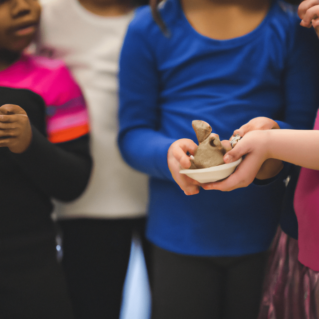 A photo of children proudly displaying their clay creations at an art exhibition, showcasing their creativity and fine motor skills. Sigma 85 mm f/1.4. No text.. Sigma 85 mm f/1.4. No text.