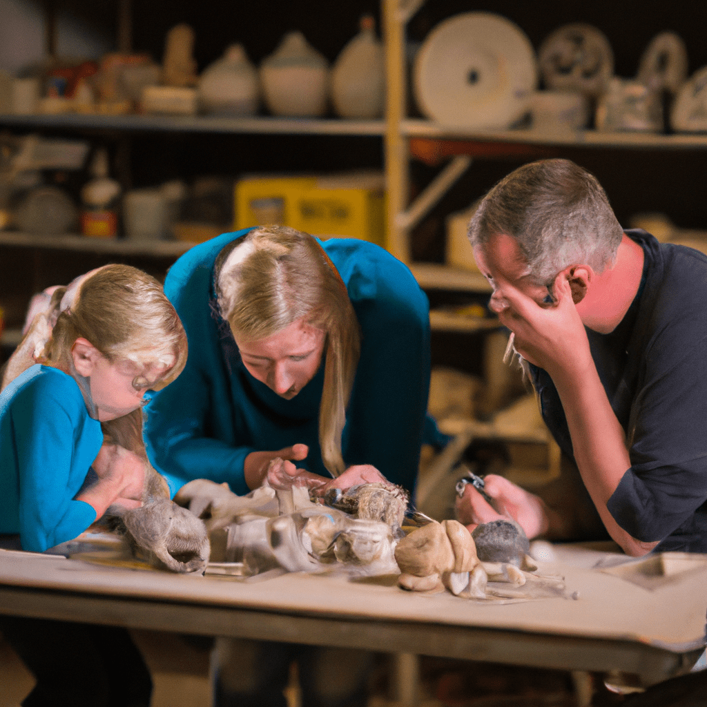 Smith family carefully inspecting their clay models after a successful firing process. Ensuring proper temperature and timing for perfect results. Sigma 85 mm f/1.4. No text.. Sigma 85 mm f/1.4. No text.