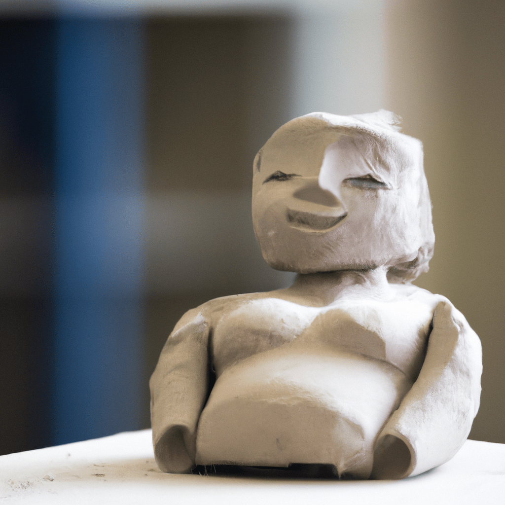 A photo of a clay model slowly drying on a breathable surface, getting ready to be fired in a ceramic kiln.. Sigma 85 mm f/1.4. No text.