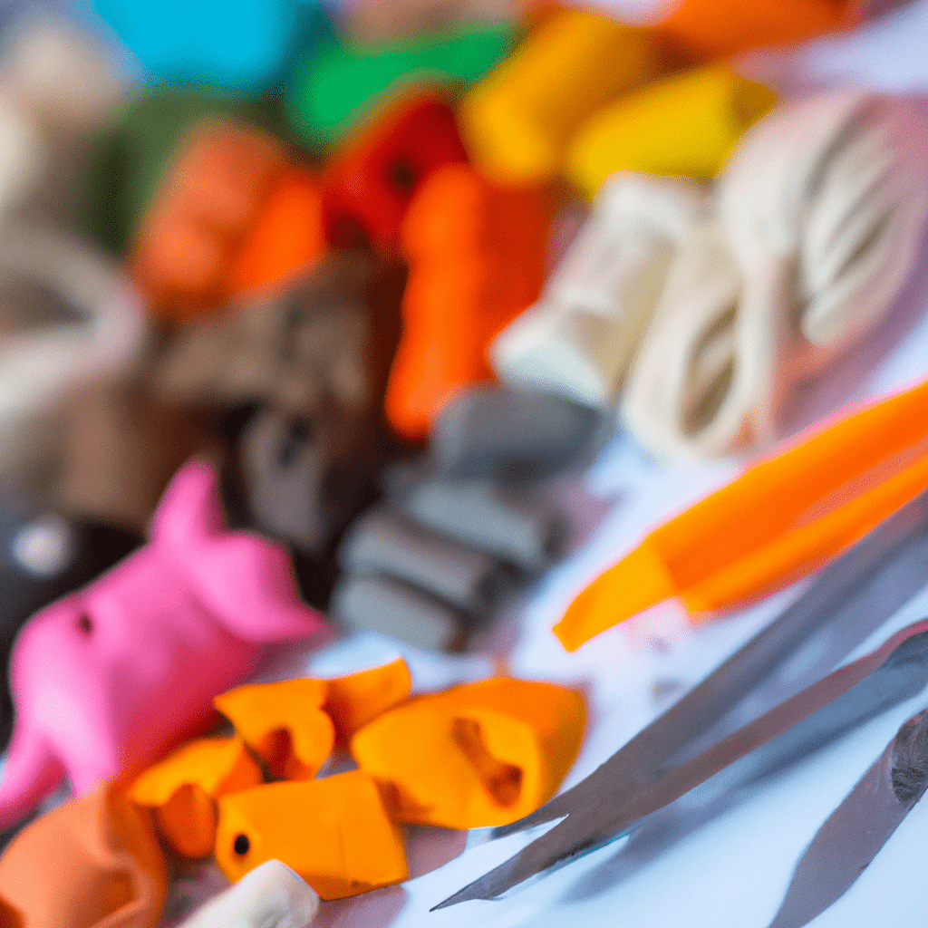 A picture of colorful modeling clay with various tools and accessories for creating unique shapes and patterns.. Sigma 85 mm f/1.4. No text.