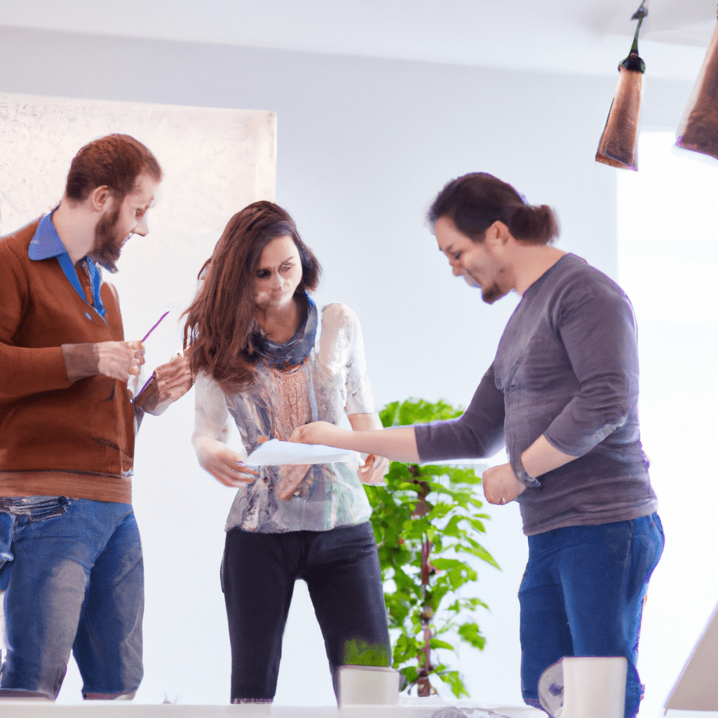 [IMAGE] A group of employees discussing ideas and collaborating in a creative work environment.. Sigma 85 mm f/1.4. No text.