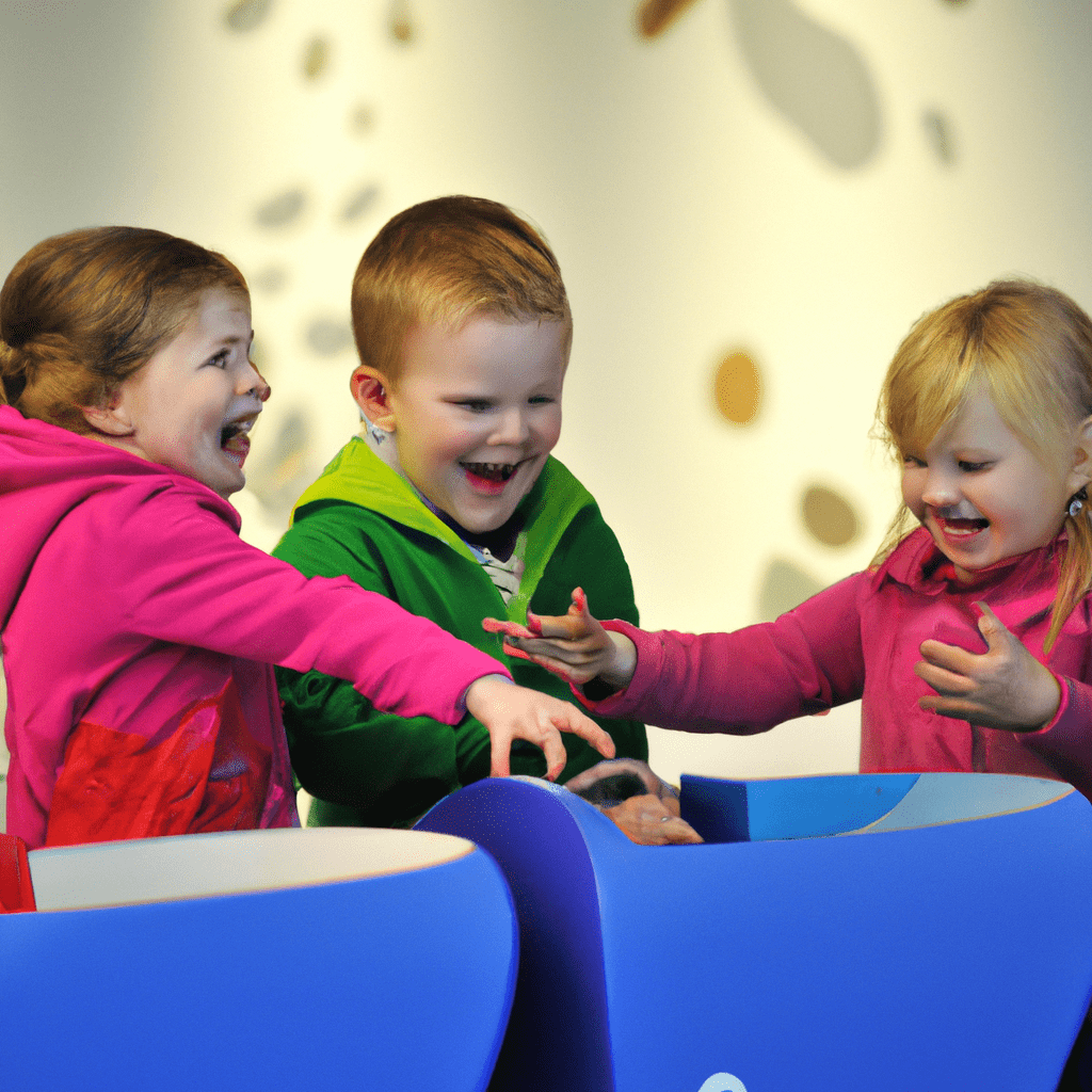 3 - [A group of young children excitedly exploring a colorful interactive exhibit at a children's museum in the Czech Republic]. Laughter and curiosity in the air as they discover new things together. Sigma 85 mm f/1.4. No text.. Sigma 85 mm f/1.4. No text.