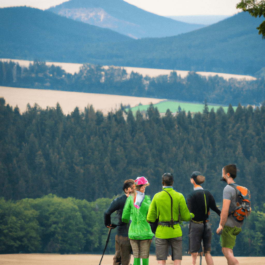 [Group of hikers enjoying breathtaking mountain scenery in the Czech Republic.]. Sigma 85 mm f/1.4. No text.
