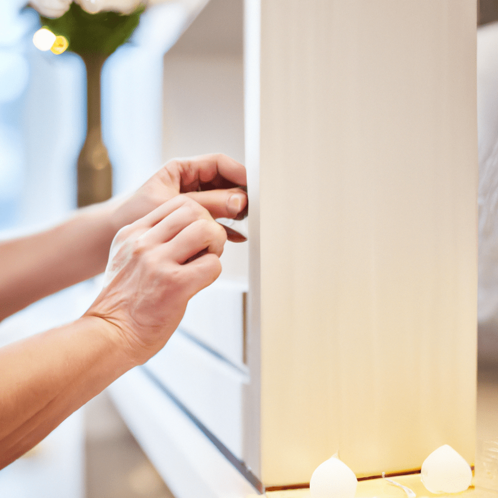 A photo of a person adding finishing touches to a beautifully decorated apartment.. Sigma 85 mm f/1.4. No text.