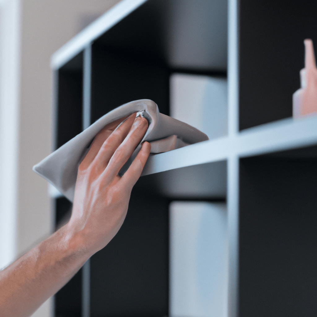 A photo of a person dusting a shelf with a soft cloth to keep their home clean and healthy.. Sigma 85 mm f/1.4. No text.