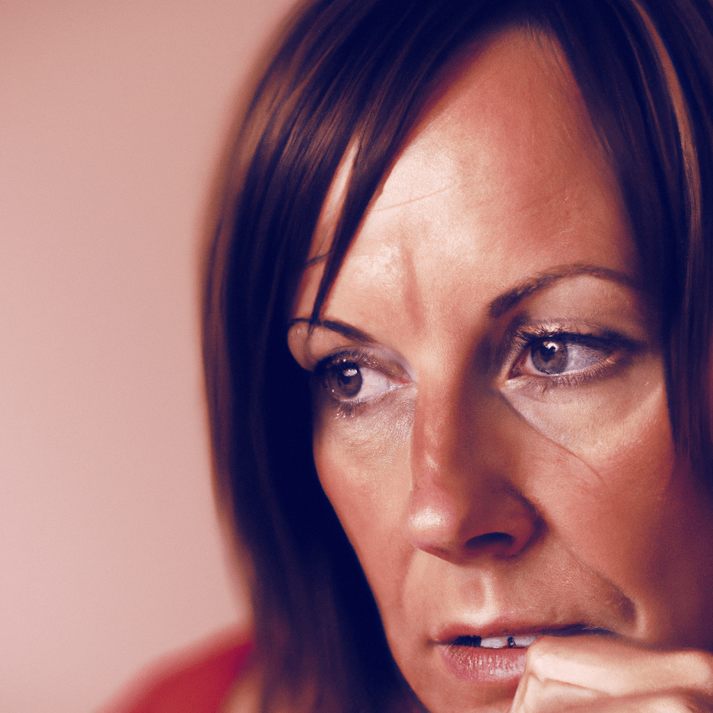 A close-up of a woman in her 40s looking uncertain and deep in thought, symbolizing the emotional aspects of unplanned pregnancy.. Sigma 85 mm f/1.4. No text.