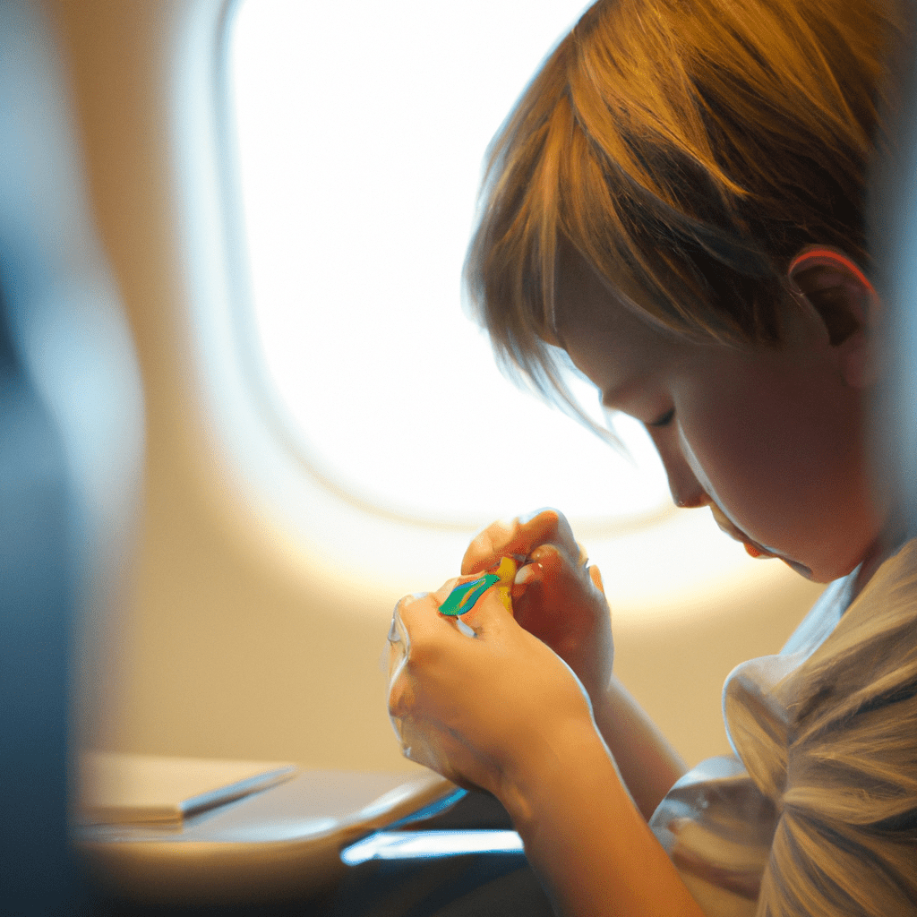 A photo of a child engrossed in playing with their favorite toy, keeping themselves entertained during the flight. Sigma 85 mm f/1.4. No text.. Sigma 85 mm f/1.4. No text.