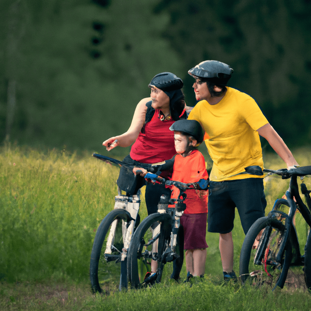 A family enjoying a scenic mountain bike ride, surrounded by breathtaking nature. Sigma 85mm f/1.4 lens. No text.. Sigma 85 mm f/1.4. No text.