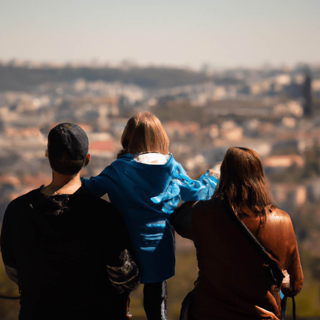 A photo of a family enjoying the breathtaking view of Prague from the top of the Petřín Tower.. Sigma 85 mm f/1.4. No text.