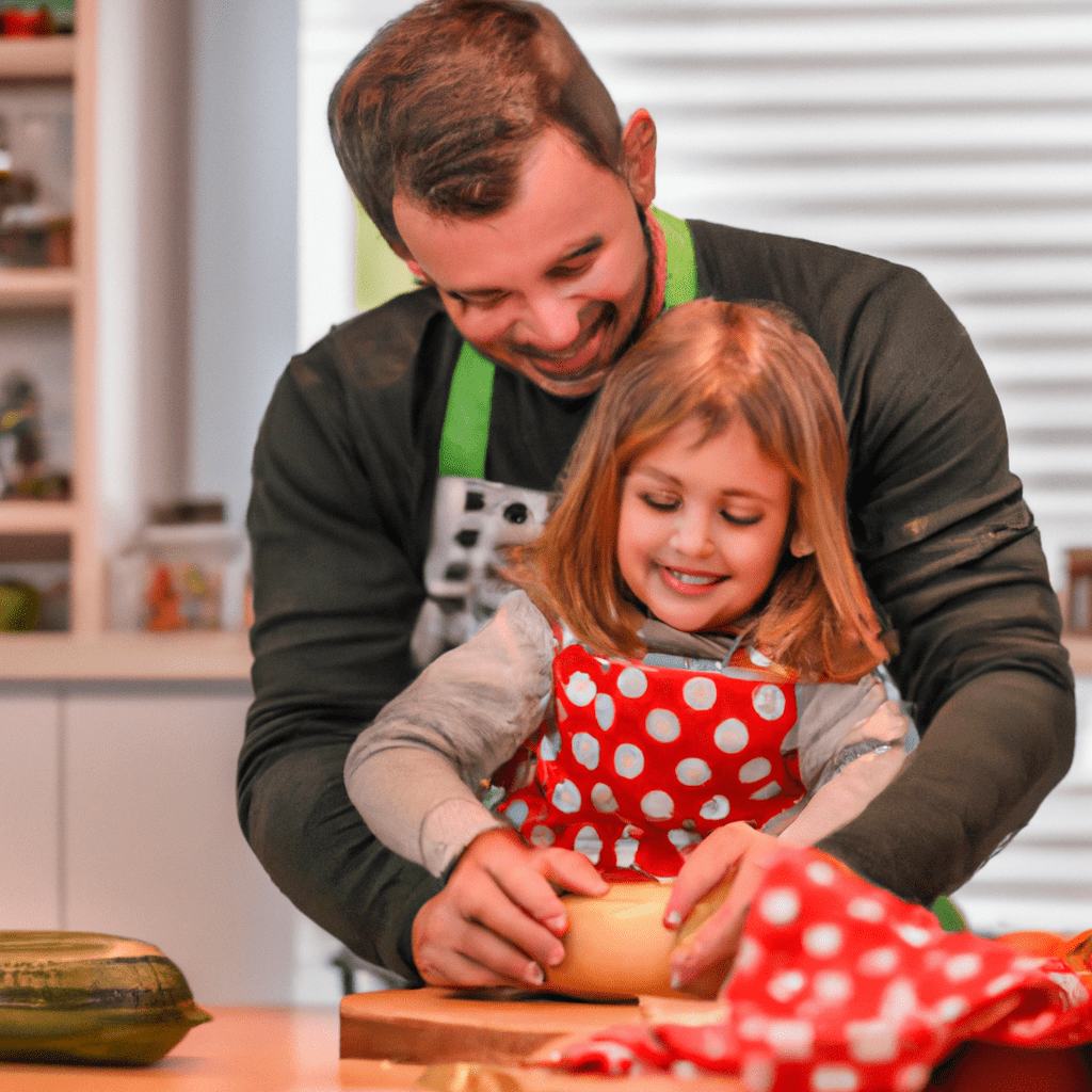 [A photo of a child happily cooking with their parent in the kitchen, learning important skills and enjoying quality time together.]. Sigma 85 mm f/1.4. No text.