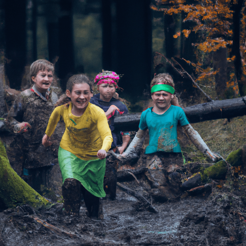 A photo capturing the excitement of children competing in a forest race, showcasing their love for nature and adventure. Sigma 85 mm f/1.4. No text.. Sigma 85 mm f/1.4. No text.