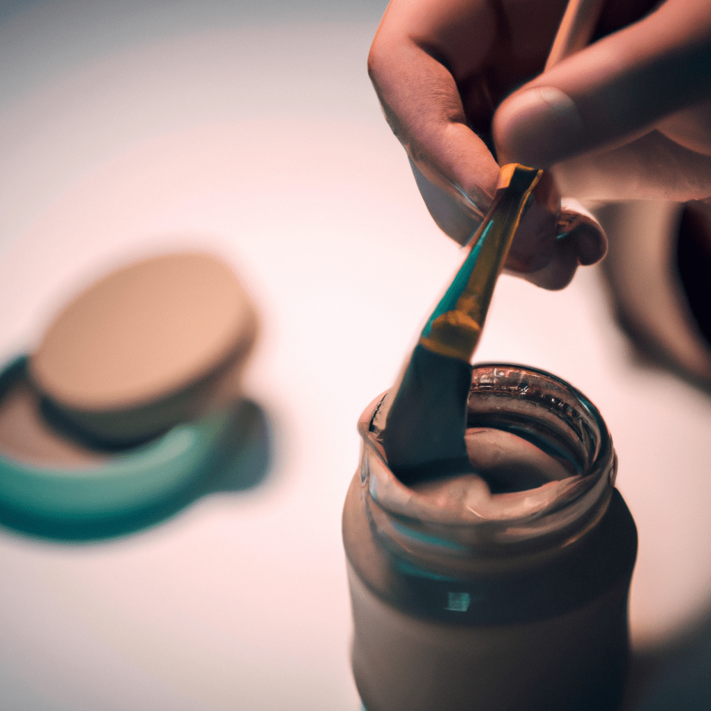 A picture of a hand holding a jar of modeling clay, with a small paintbrush and a bottle of varnish next to it. The image represents proper care and maintenance of modeling clay creations. Sigma 85 mm f/1.4. No text.. Sigma 85 mm f/1.4. No text.