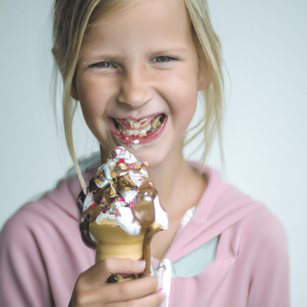 [Image: A happy child enjoying a delicious ice cream cone with chocolate sauce and sprinkles.]. Sigma 85 mm f/1.4. No text.