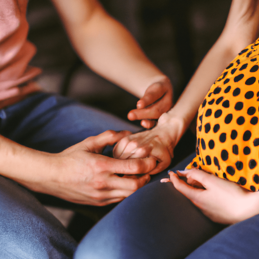 PHOTO: A couple sitting together, holding hands and talking, symbolizing open and honest communication about pregnancy emotions. Canon 35mm f/1.8. No text.. Sigma 85 mm f/1.4. No text.