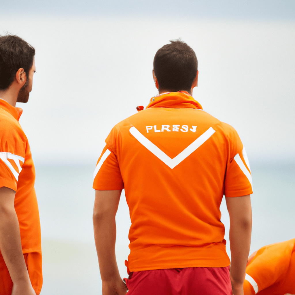 3 - A photo of lifeguards in their distinctive orange uniforms, equipped with rescue boats and life-saving equipment, ensuring the safety of beachgoers.. Sigma 85 mm f/1.4. No text.