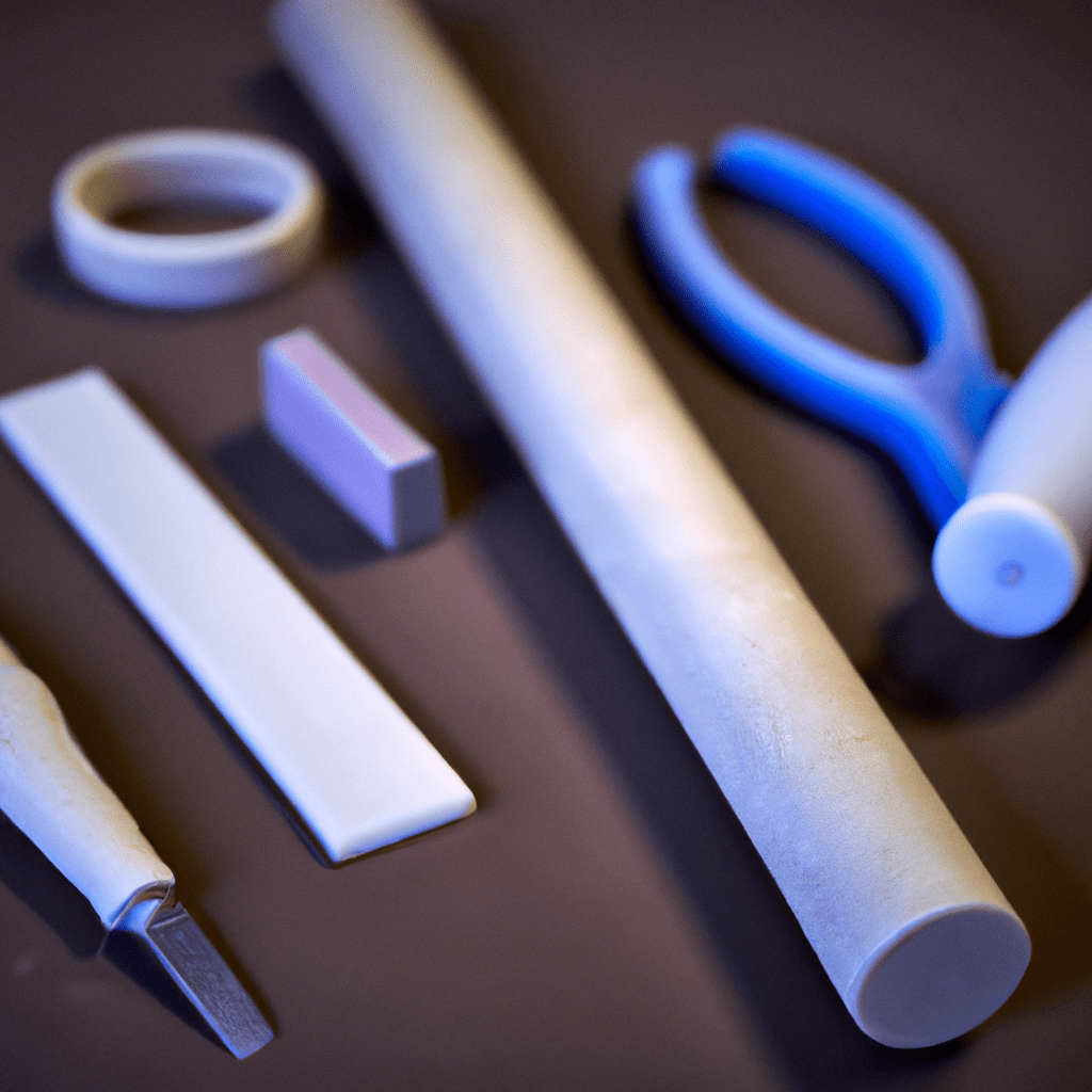 2 - A photo of a set of basic tools for working with modeling clay, including a smooth rolling pin, a carving knife, modeling scissors, various shaped cutters, and modeling glue. These tools are essential for creating unique shapes and patterns with the clay.. Sigma 85 mm f/1.4. No text.