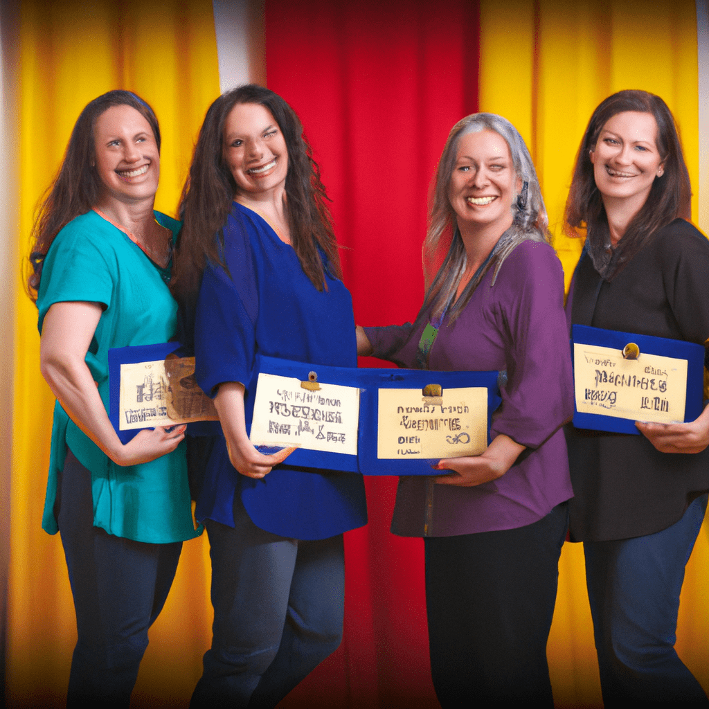 A group of Montessori educators proudly displaying their Montessori certification.. Sigma 85 mm f/1.4. No text.