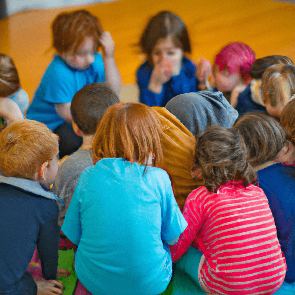 A photo of children engaging in a group discussion during Montessori circle time, developing their social skills and empathy.. Sigma 85 mm f/1.4. No text.