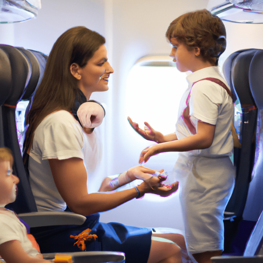 2 - A photo of a parent and child talking to a kind flight attendant, ensuring a comfortable and enjoyable flight. Sigma 85 mm f/1.4. No text.. Sigma 85 mm f/1.4. No text.