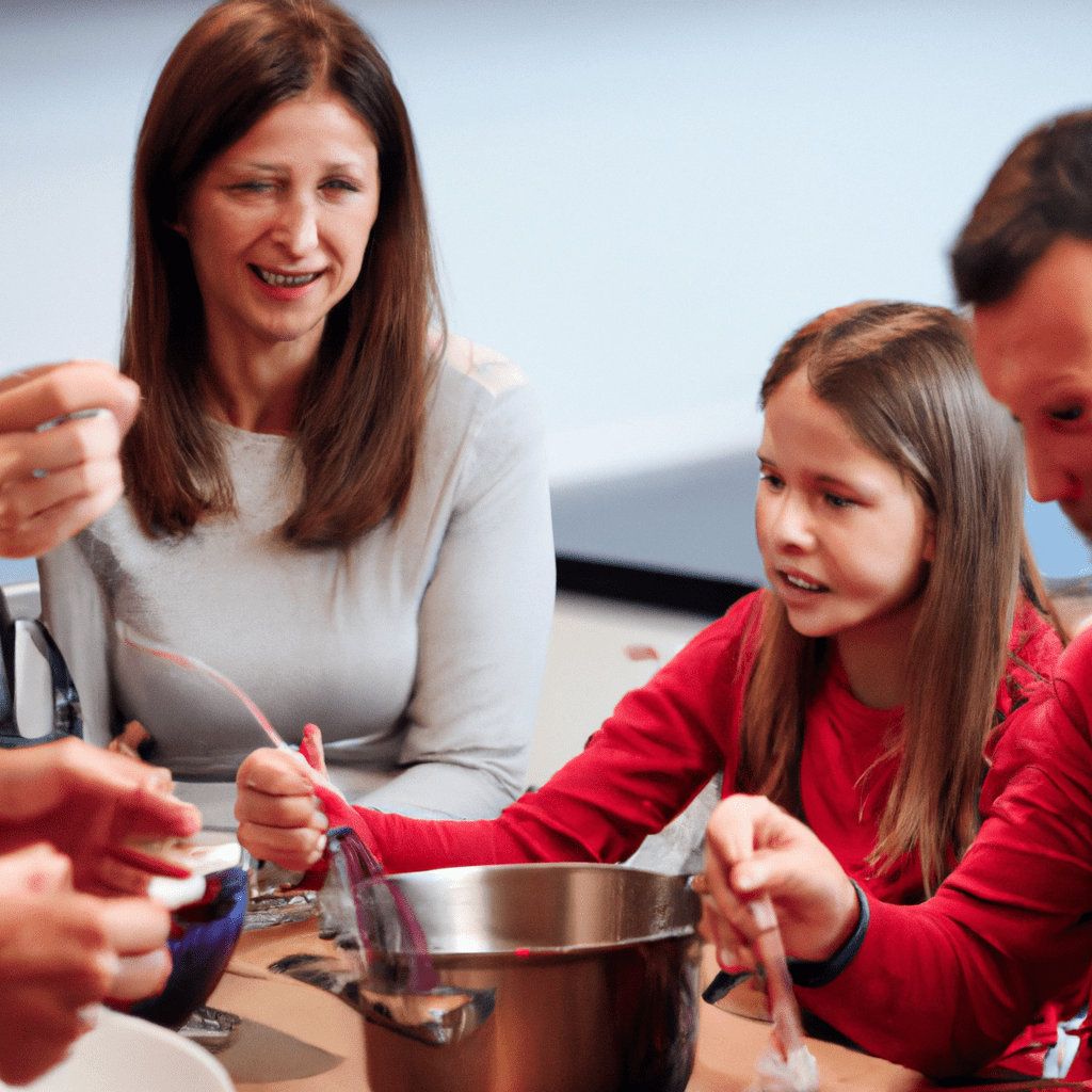 A photo of parents and children eagerly evaluating their cooking results, fostering a positive learning environment and promoting self-reflection.. Sigma 85 mm f/1.4. No text.