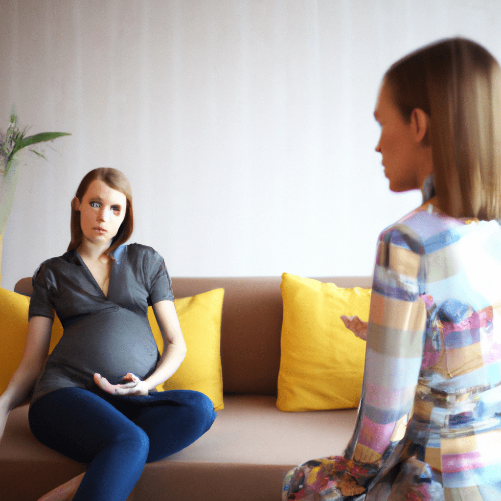 A pregnant woman talking to a therapist, seeking professional support and guidance.. Sigma 85 mm f/1.4. No text.