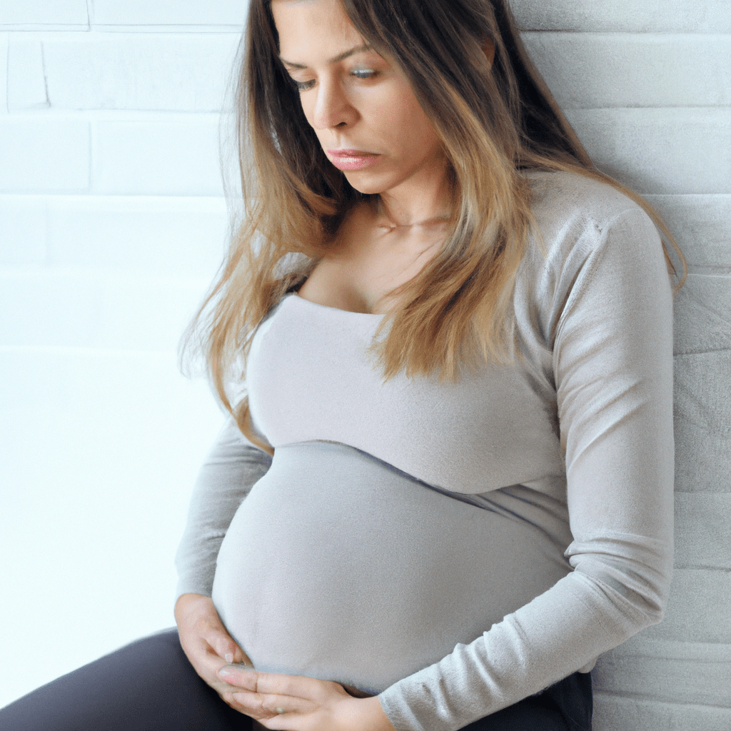 [A pregnant woman holding her stomach while experiencing cramps.]. Sigma 85 mm f/1.4. No text.