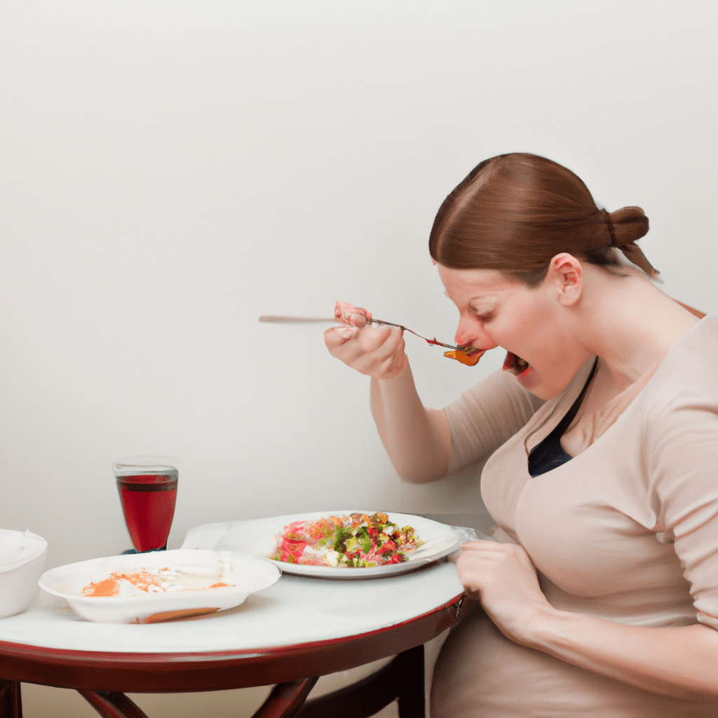 [Image: A pregnant woman enjoying a meal with elevated head and avoiding acidic foods.]. Sigma 85 mm f/1.4. No text.