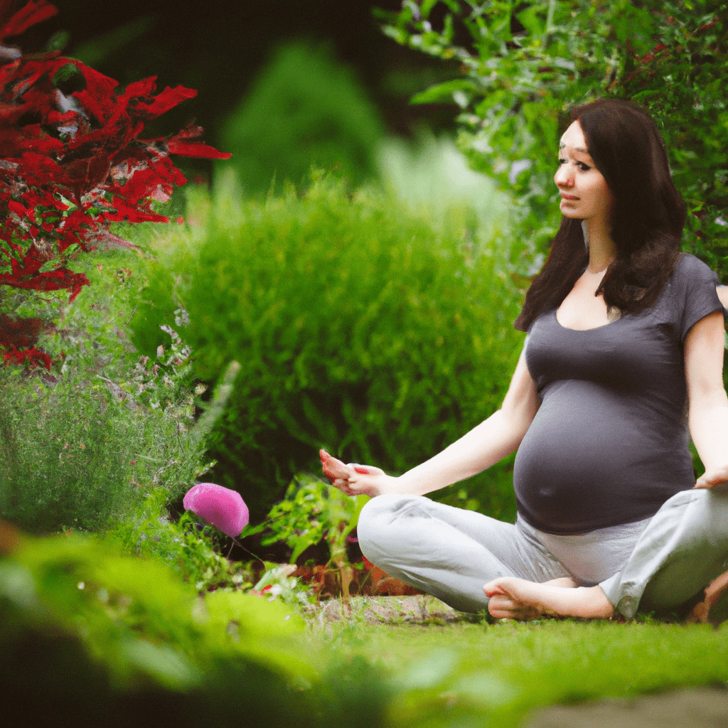 PHOTO: A pregnant woman meditating in a peaceful garden, finding serenity in the midst of hormonal changes.. Sigma 85 mm f/1.4. No text.