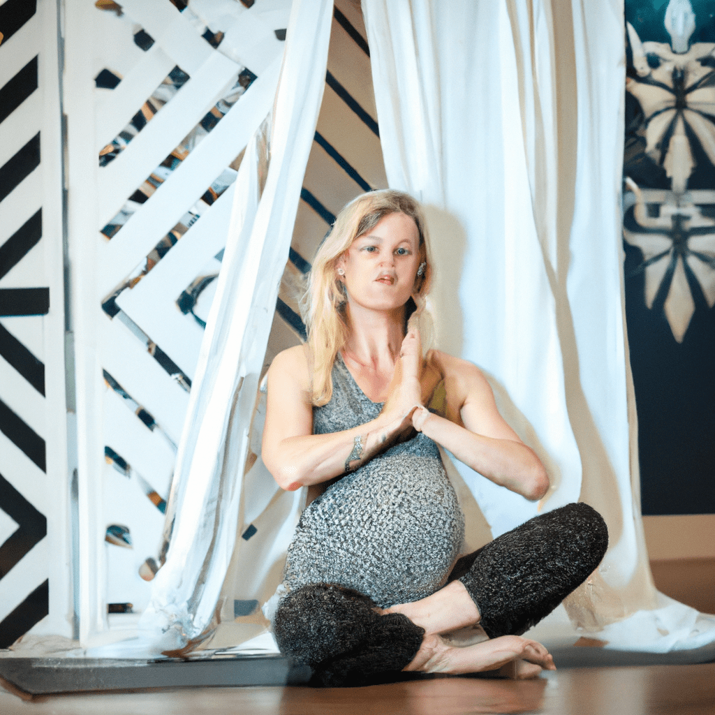 A pregnant woman in a yoga class, gracefully performing a prenatal yoga pose. Sigma 85mm f/1.4. No text.. Sigma 85 mm f/1.4. No text.