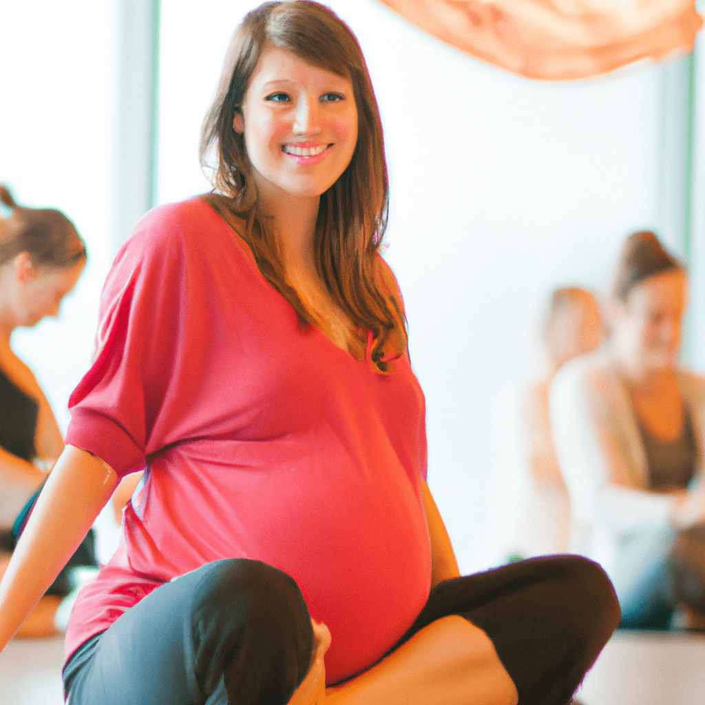 [Image: A happy pregnant woman enjoying a prenatal yoga class, surrounded by other pregnant women.]. Sigma 85 mm f/1.4. No text.