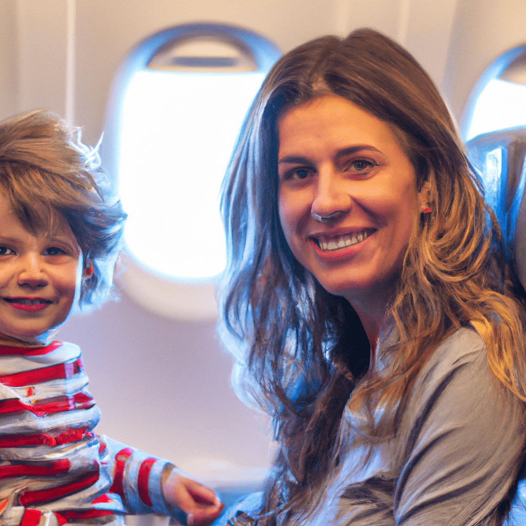 [A photo of a smiling mother and child on an airplane, enjoying a comfortable flight.]. Sigma 85 mm f/1.4. No text.