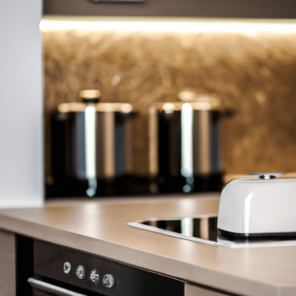 [A photo of a sparkling clean kitchen with gleaming appliances and spotless countertops.]. Sigma 85 mm f/1.4. No text.