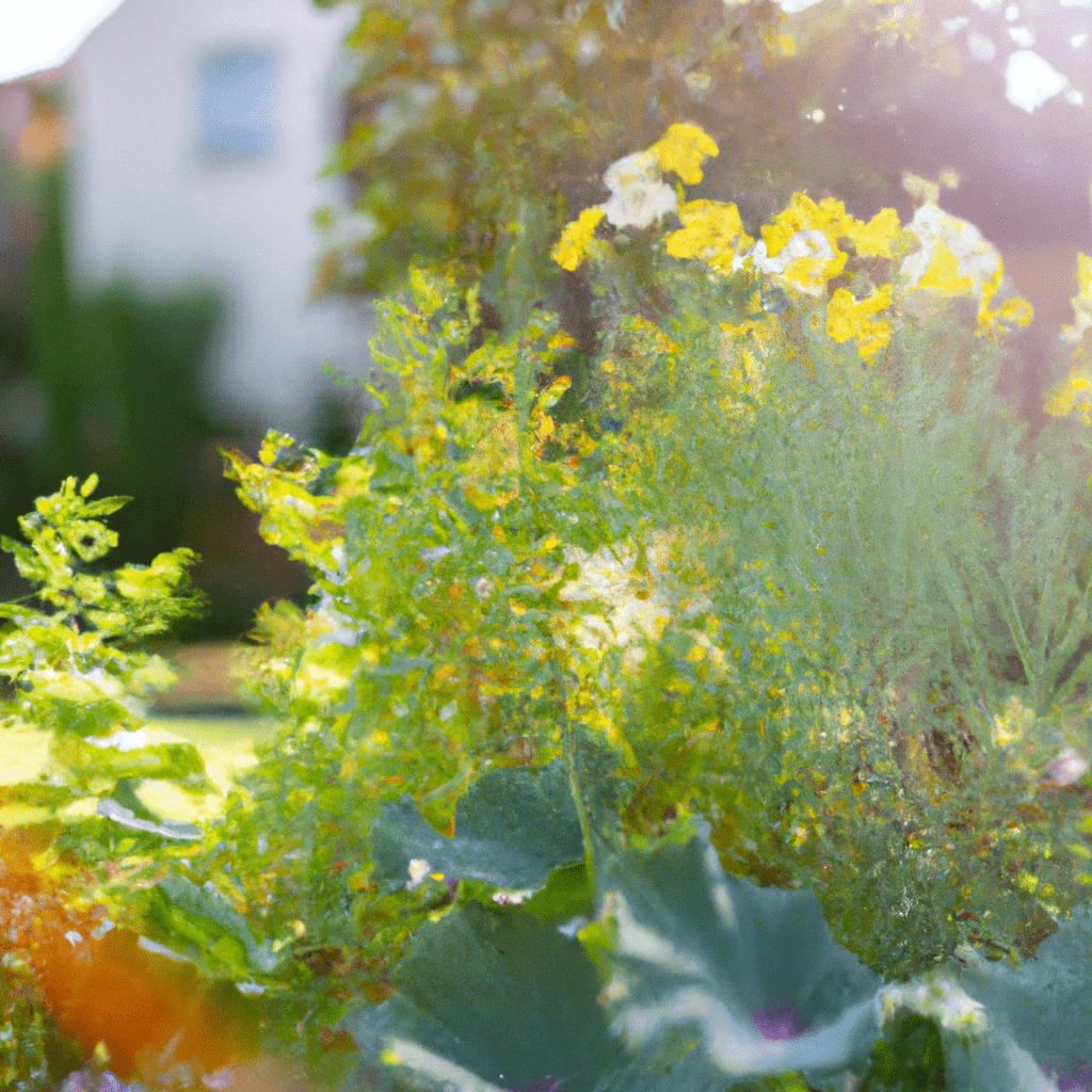 A picture of a sunny garden with vibrant plants growing in rich soil.. Sigma 85 mm f/1.4. No text.