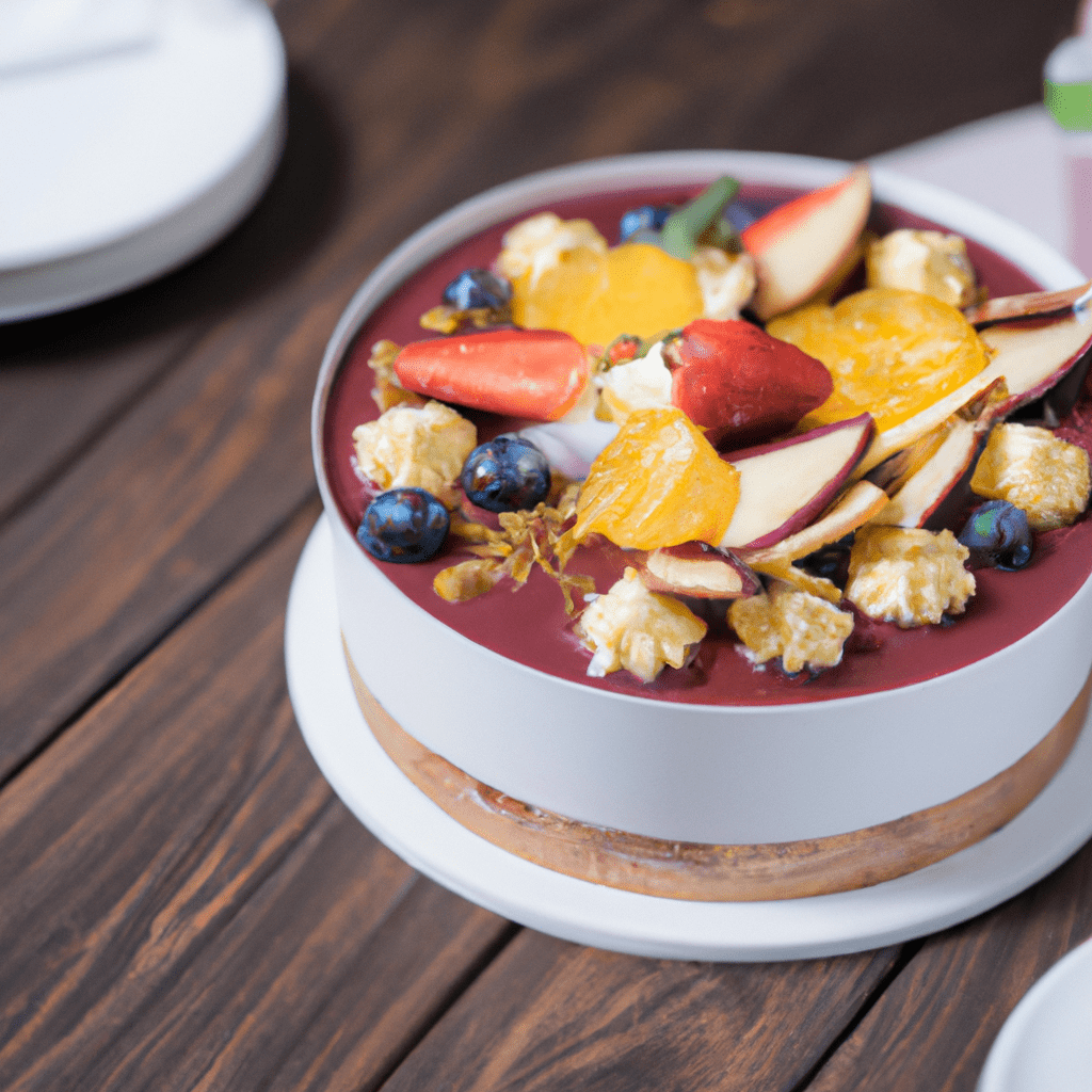 A photo of a delicious fruit yogurt cake served with fresh fruits and nuts as decoration.. Sigma 85 mm f/1.4. No text.