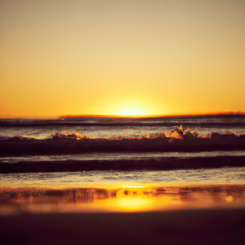 A photo of a serene beach sunset, with vibrant hues reflecting off the calm ocean waves.. Sigma 85 mm f/1.4. No text.