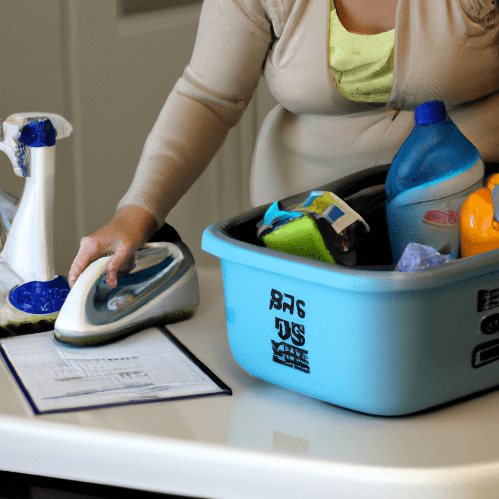 2 - A photo of a busy mom organizing cleaning supplies in a caddy, with a schedule and checklist for household chores. She's using efficient tools like a cordless vacuum and microfiber cloths.. Sigma 85 mm f/1.4. No text.