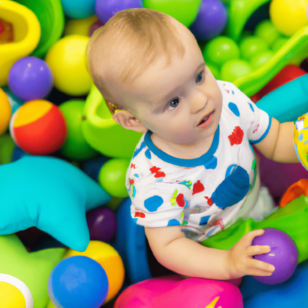 [Child exploring a jungle of colorful toys and games.]. Sigma 85 mm f/1.4. No text.