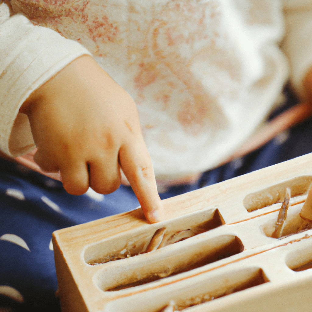 2 - A close-up picture of a child exploring a Montessori toy made of natural materials, providing a safe and sensory-rich play experience.. Sigma 85 mm f/1.4. No text.