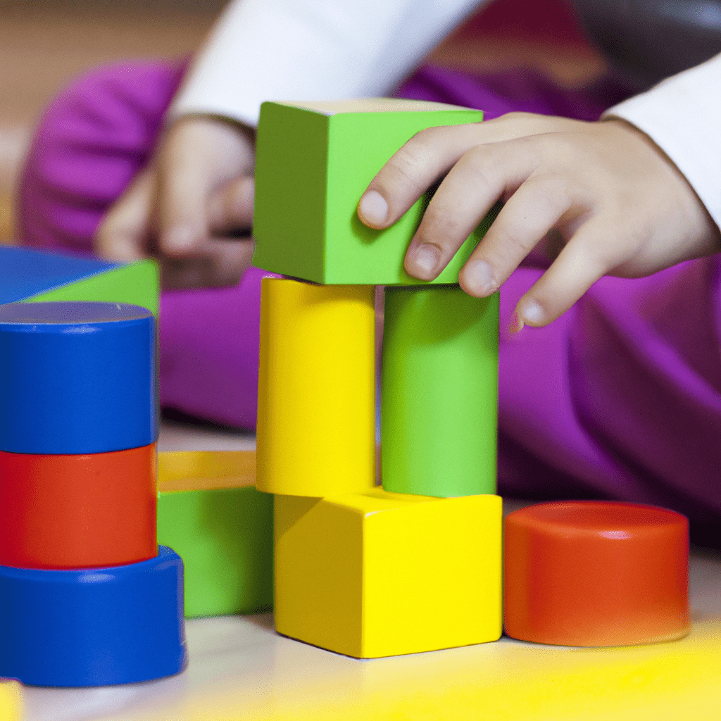 2 - [Child building a colorful tower with blocks.]. Canon 50 mm f/1.8. No text.. Sigma 85 mm f/1.4. No text.