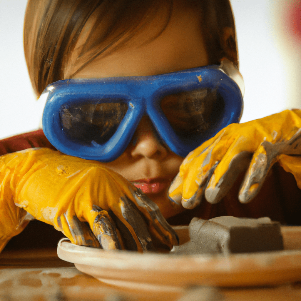 3 - A photo capturing a child wearing safety gloves and goggles while molding clay, emphasizing the importance of safety precautions in creative activities. Sigma 85 mm f/1.4. No text.. Sigma 85 mm f/1.4. No text.