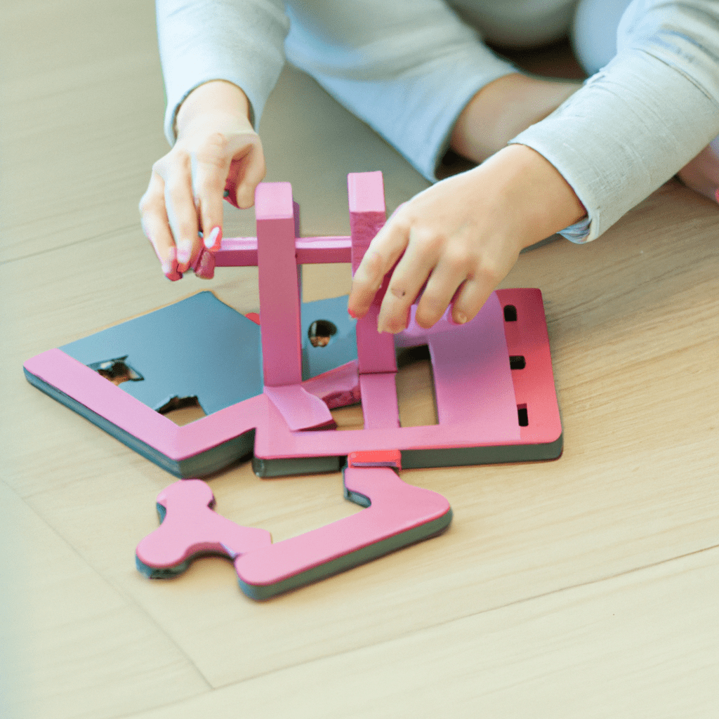 A picture of a child building a Montessori puzzle, developing problem-solving and concentration skills.. Sigma 85 mm f/1.4. No text.