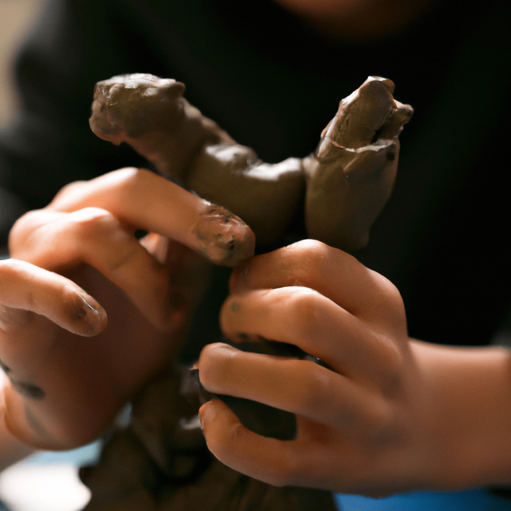 A photograph of a child molding clay into a unique sculpture, showcasing the endless possibilities of materials for creative projects.. Sigma 85 mm f/1.4. No text.