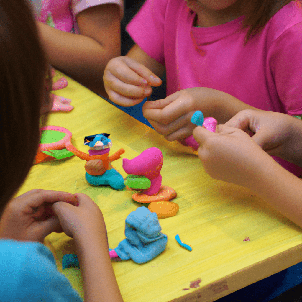 A group of children molding and shaping with colorful modeling clay. Creating unique shapes and objects, they unleash their creativity and develop fine motor skills.. Sigma 85 mm f/1.4. No text.
